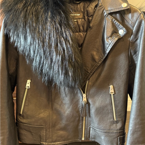 Mackage Black Leather Jacket with Faux Fur Collar and light down lining - Picture 3 of 8